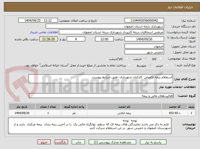 استعلام بیمه تکمیلی  کارکنان شهرداری  طبق شرایط پیوست 