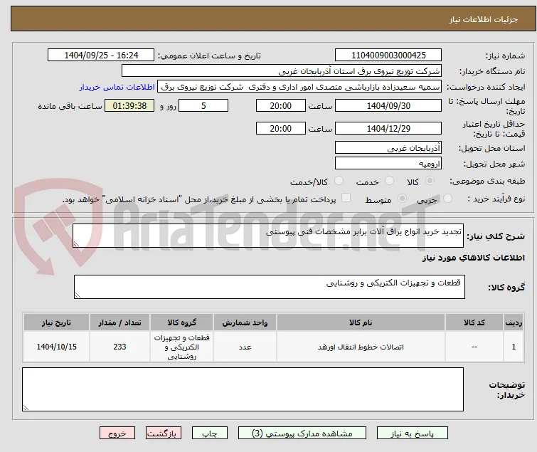 تجدید خرید انواع یراق آلات برابر مشخصات فنی پیوستی 