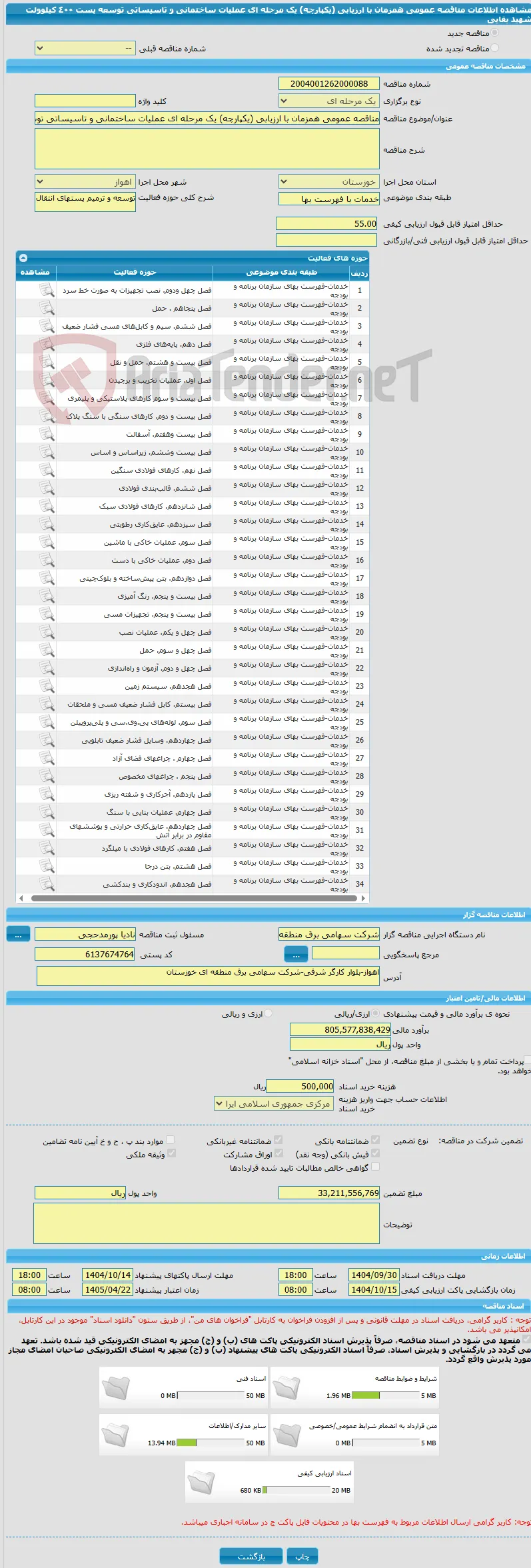 مناقصه عمومی همزمان با ارزیابی (یکپارچه) یک مرحله ای عملیات ساختمانی و تاسیساتی توسعه پست ٤٠٠ کیلوولت شهید بقایی