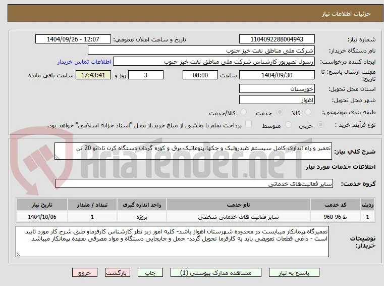 تعمیر و راه اندازی کامل سیستم هیدرولیک و جکها،پنوماتیک،برق و کوزه گردان دستگاه کرن تادانو 20 تن