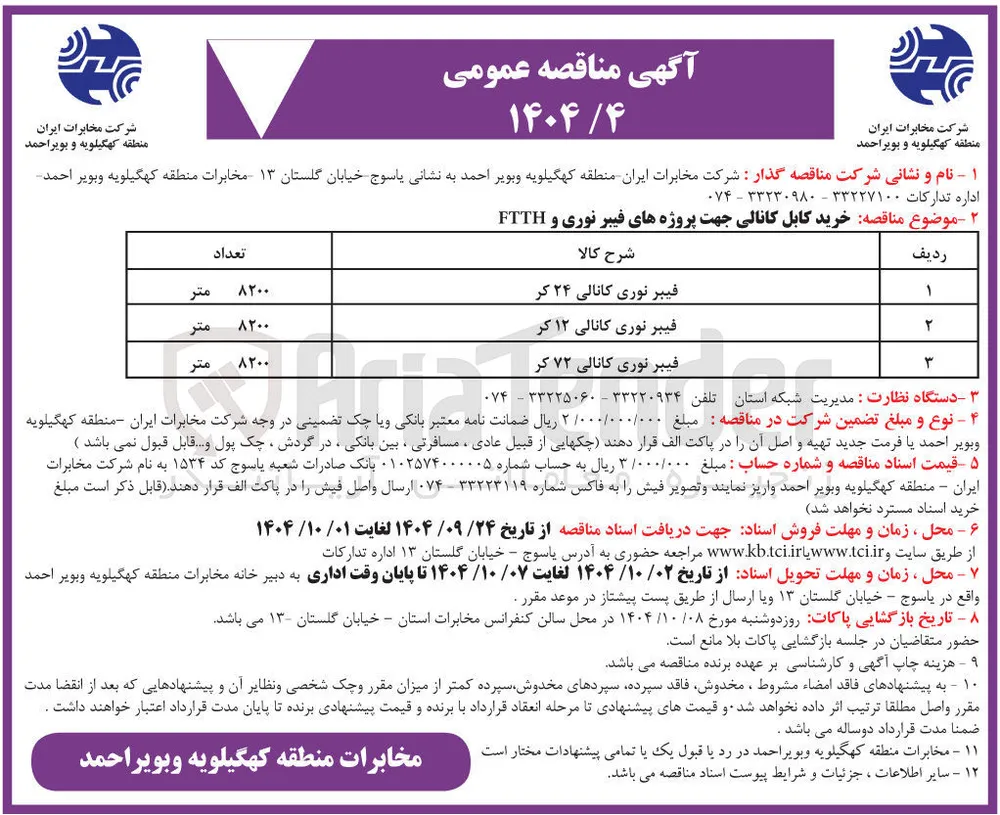 فیبر نوری کانالی ۷۲ کر 

