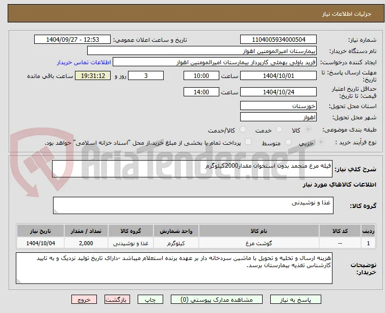 فیله مرغ منجمد بدون استخوان مقدار2000کیلوگرم