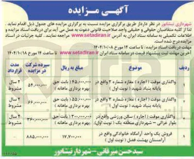 واگذاری موقت ( اجاره مغازه شماره ۳ واقع در پایانه بنیاد شهید ( نوبت اول ) 
