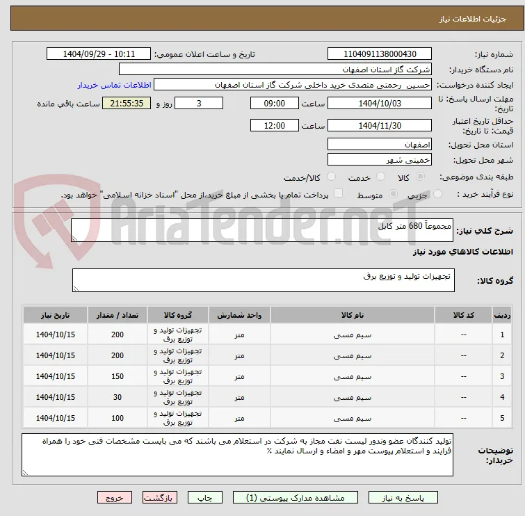 مجموعاً 680 متر کابل