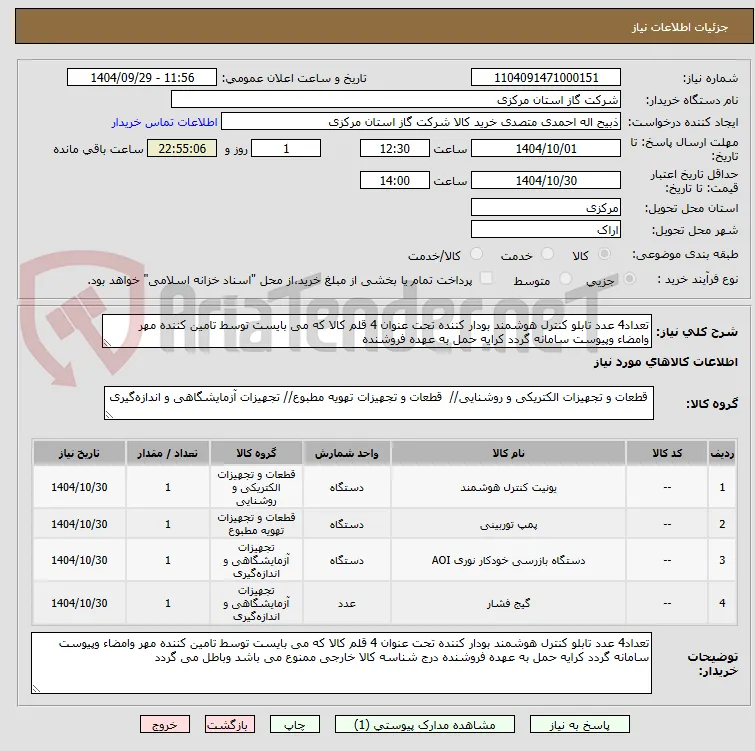 تعداد4 عدد تابلو کنترل هوشمند بودار کننده تحت عنوان 4 قلم کالا که می بایست توسط تامین کننده مهر وامضاء وپیوست سامانه گردد کرایه حمل به عهده فروشنده 