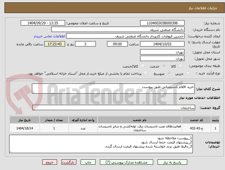 خرید اقلام تاسیساتی طبق پیوست