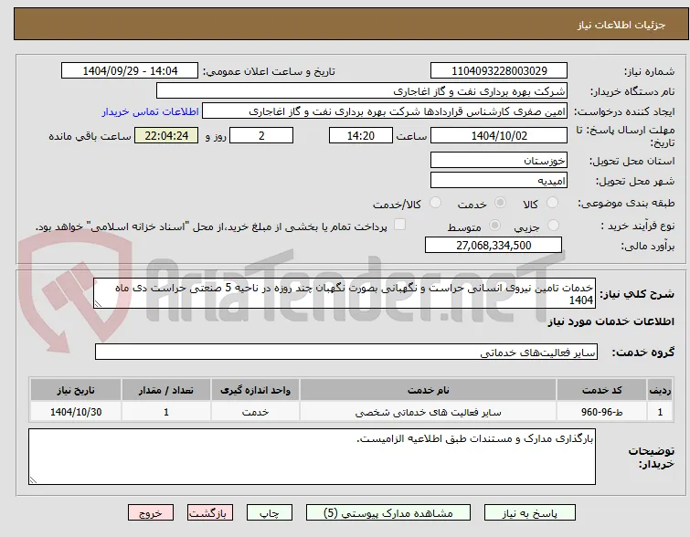خدمات تامین نیروی انسانی حراست و نگهبانی بصورت نگهبان چند روزه در ناحیه 5 صنعتی حراست دی ماه 1404