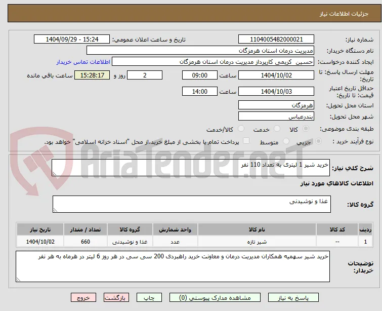 خرید شیر 1 لیتری به تعداد 110 نفر 