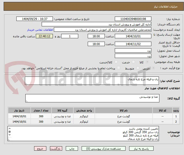 ران و فیله مرغ تازه شمال