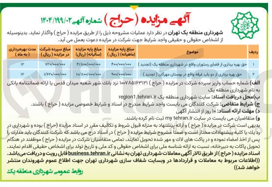 حق بهره برداری از فضای رستوران و حق بهره برداری از دو باب غرفه