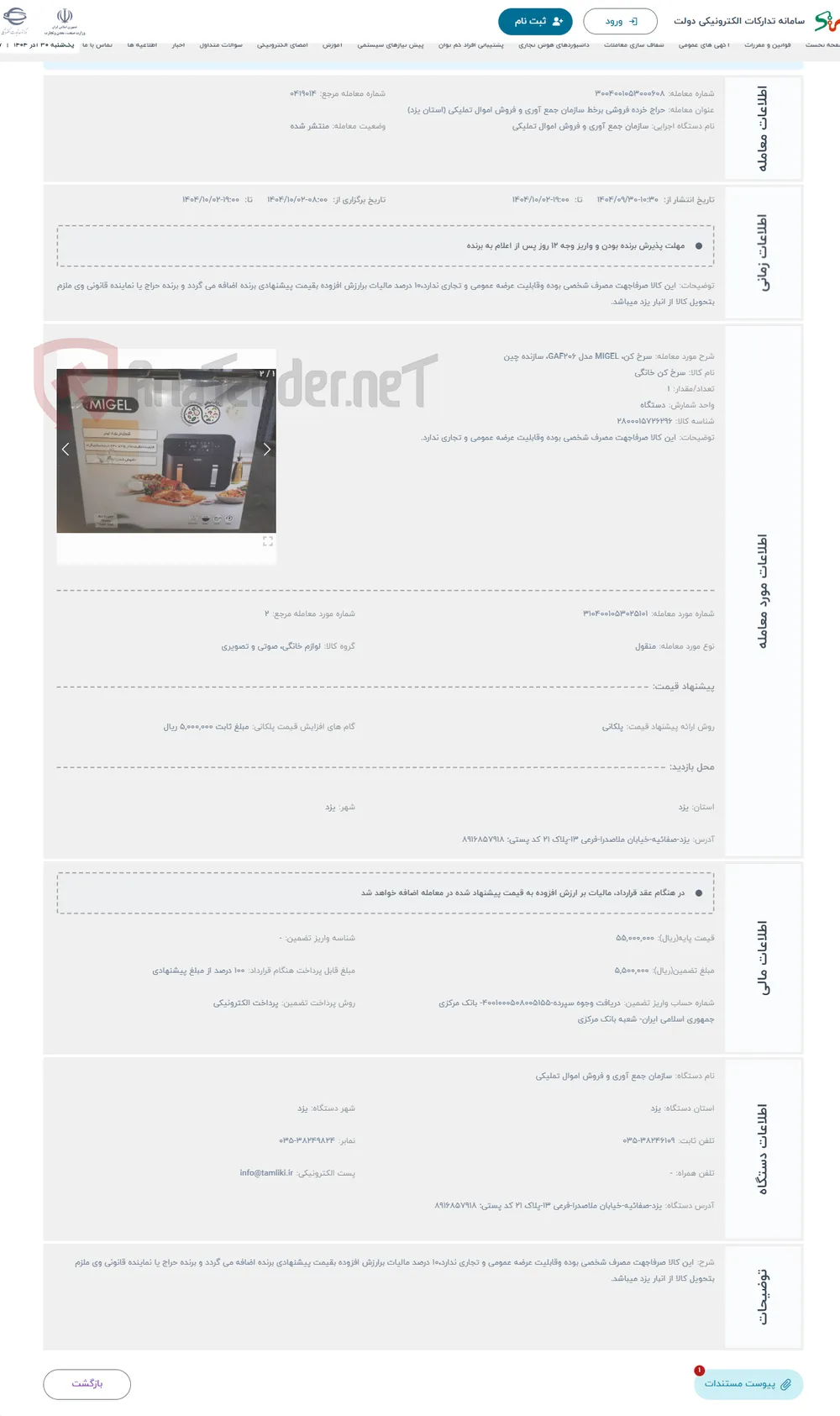 حراج سرخ کن، MIGEL مدل GAF206، سازنده چین