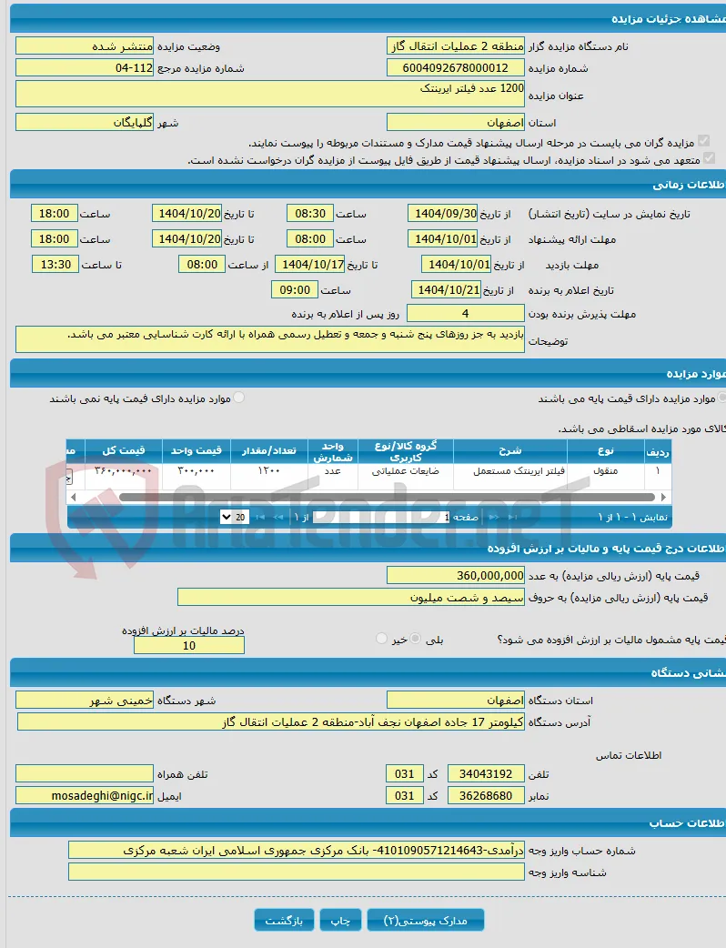1200 عدد فیلتر ایرینتک