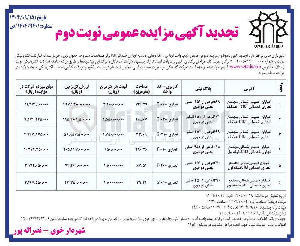  فروش ۶ باب واحد تجاری از مغازه های مجتمع 
