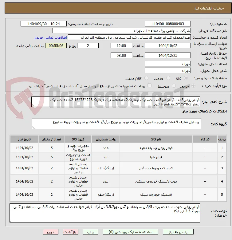 فیلتر روغن5عدد.فیلتر هوا5عدد.لاستیک لیفتراک2حلقه.لاستیک لیفتراک225*75*15 2حلقه.لاستیک لیفتراک8*25*15به همراه تیوپ