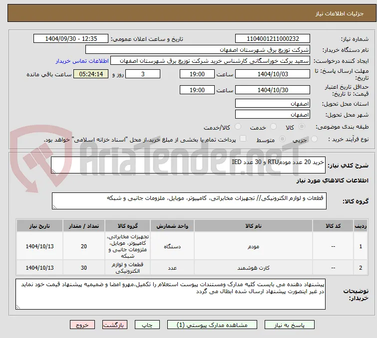 خرید 20 عدد مودمRTU و 30 عدد IED 