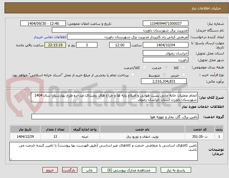انجام عملیات جابه جایی پست هوایی و اصلاح پایه ها و چراغ های روستای صدخرو طرح بهارستان سال 1404 شهرستان داورزن استان خراسان رضوی