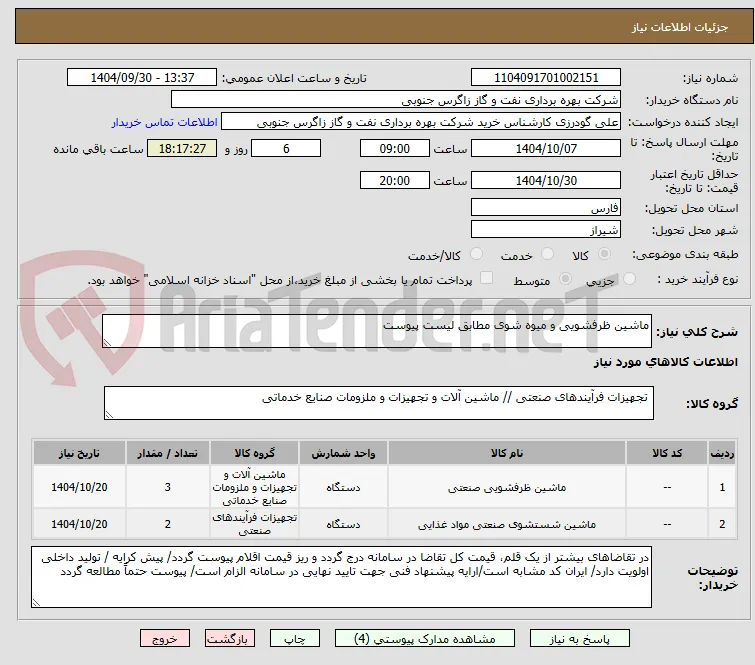 ماشین ظرفشویی و میوه شوی مطابق لیست پیوست