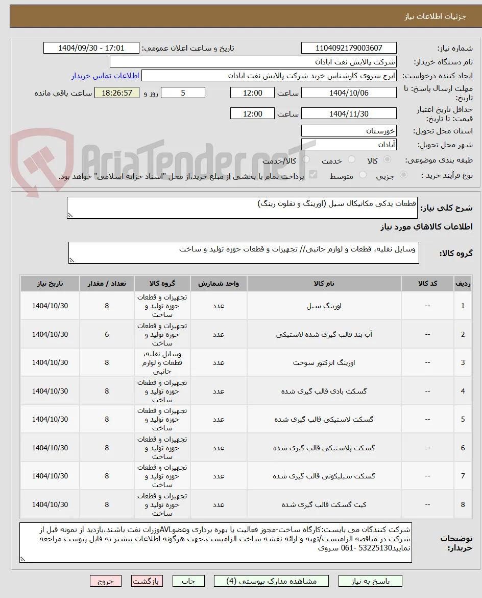 قطعات یدکی مکانیکال سیل (اورینگ و تفلون رینگ)