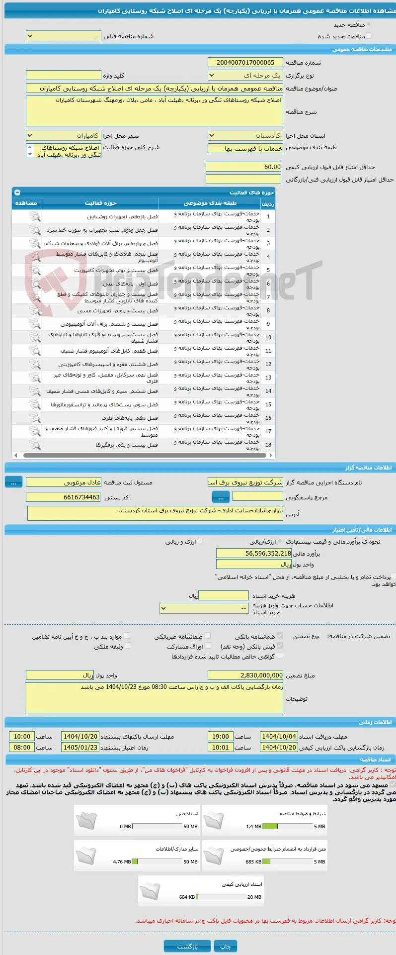 مناقصه عمومی همزمان با ارزیابی (یکپارچه) یک مرحله ای اصلاح شبکه روستایی کامیاران