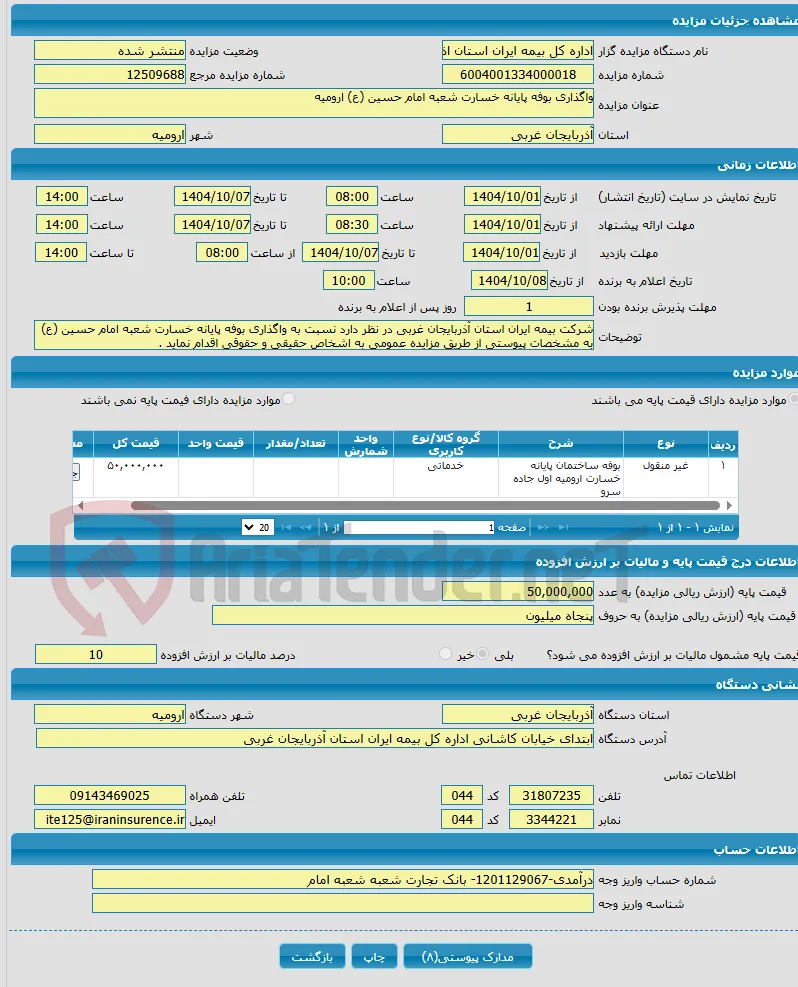 واگذاری بوفه پایانه خسارت شعبه امام حسین (ع) ارومیه 