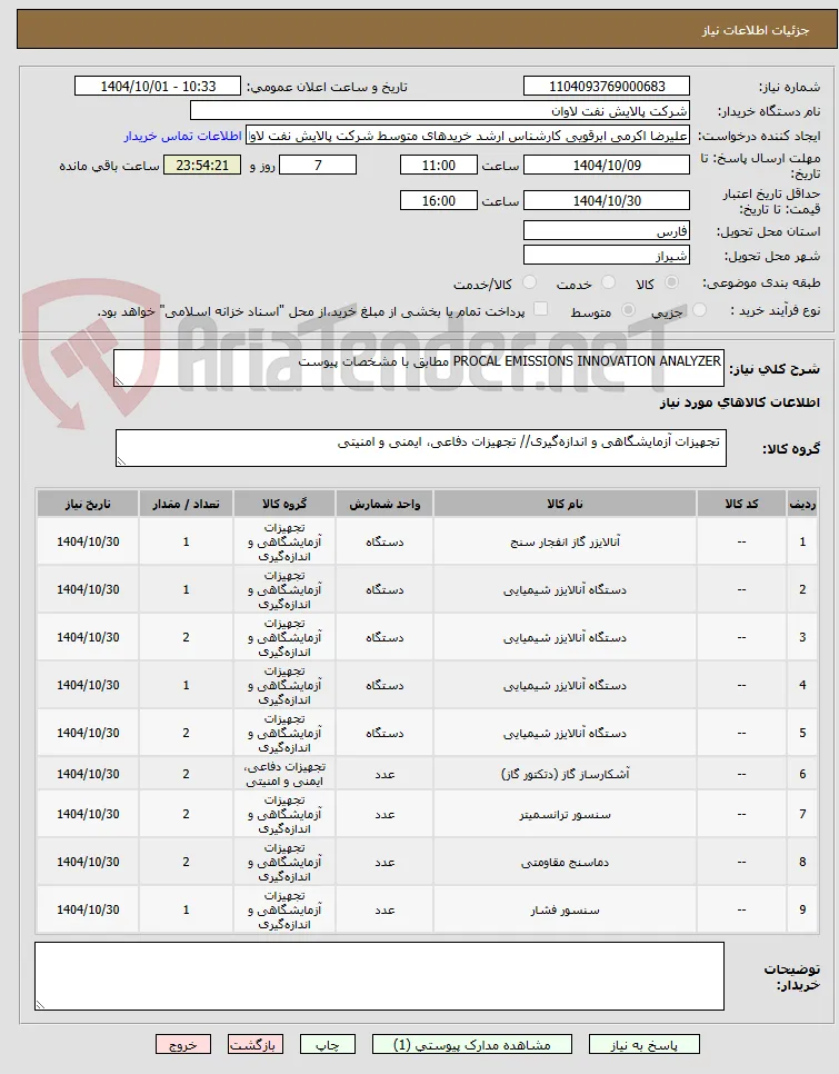 PROCAL EMISSIONS INNOVATION ANALYZER مطابق با مشخصات پیوست