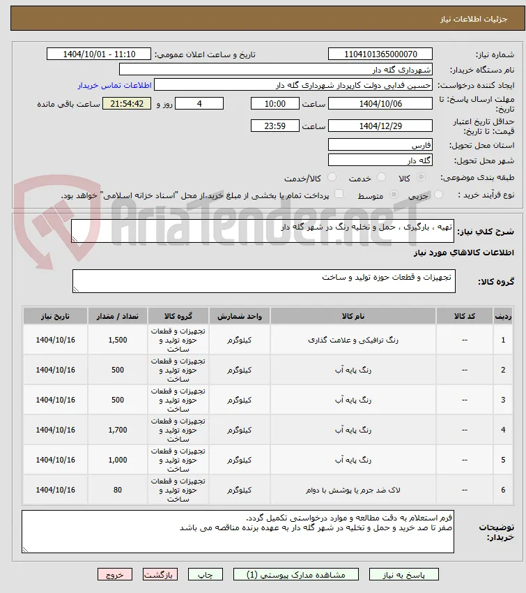 تهیه ، بارگیری ، حمل و تخلیه رنگ در شهر گله دار