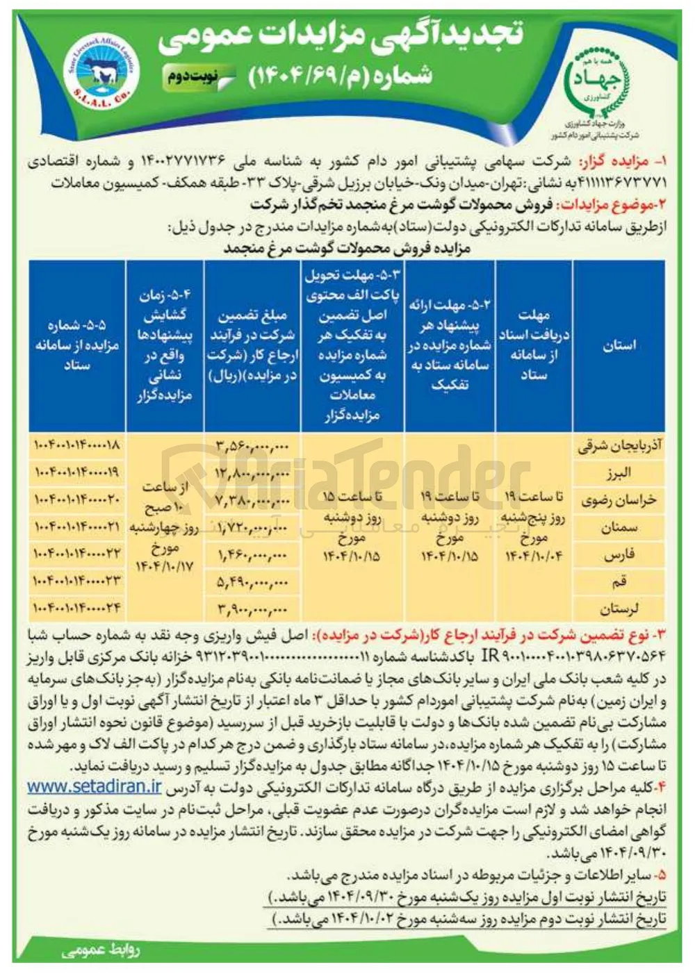 فروش محمولات گوشت مرغ منجمد تخم گذار شرکت