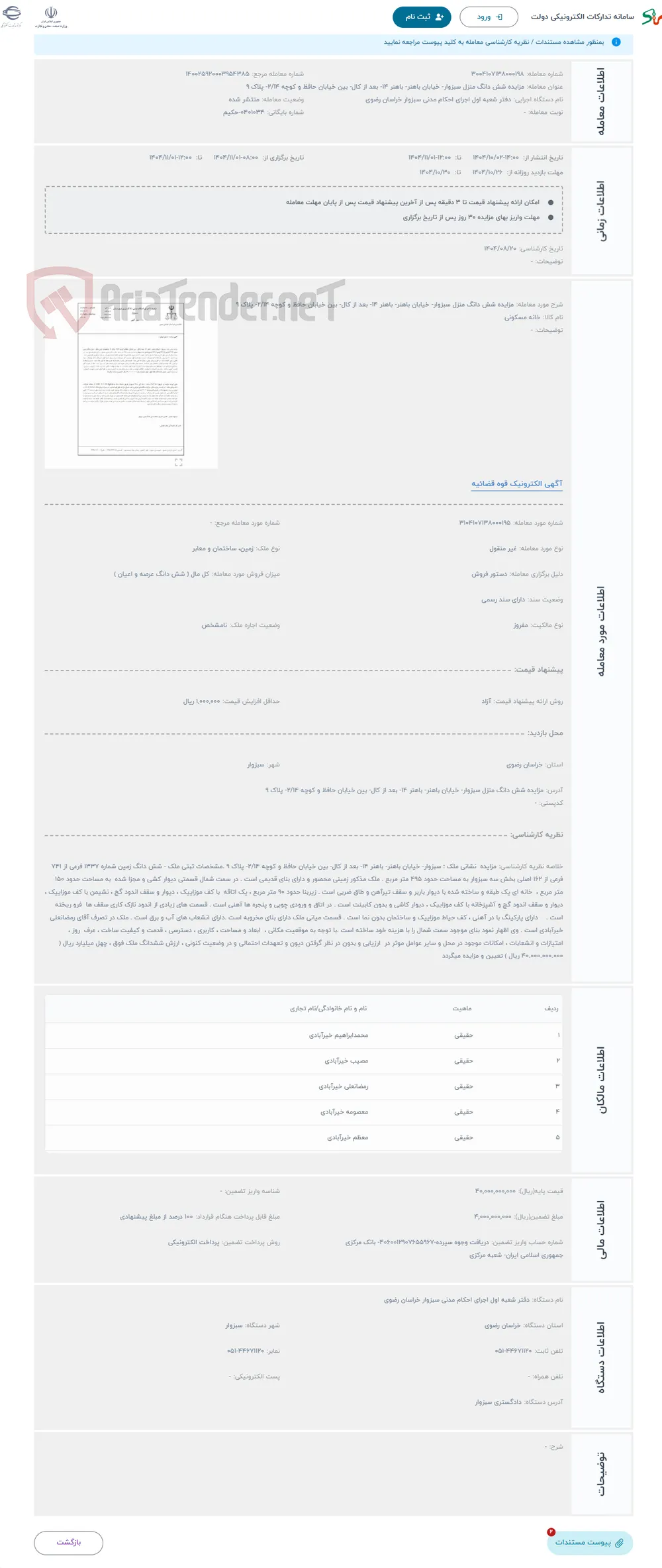 حراج مزایده شش دانگ منزل سبزوار- خیابان باهنر- باهنر 14- بعد از کال- بین خیابان حافظ و کوچه 2/14- پلاک 9 
