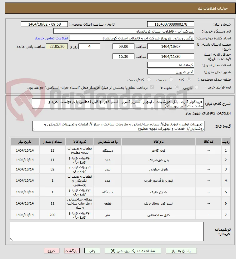 خریدکولر گازی ،پانل خورشیدی ، اینورتر ،شارژر کنترلر ، استراکچر  و کابل (مطابق با درخواست خرید و مشخصات فنی پیوست )