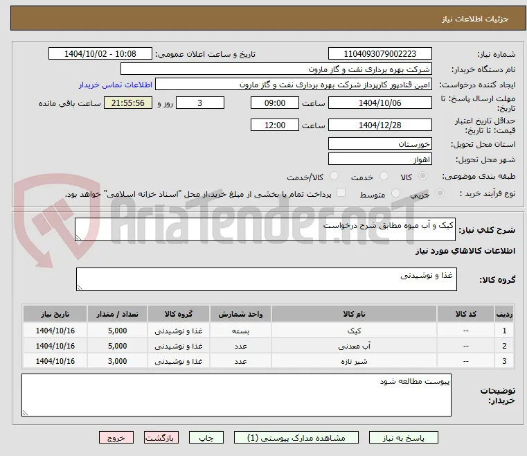 کیک و آب میوه مطابق شرح درخواست
