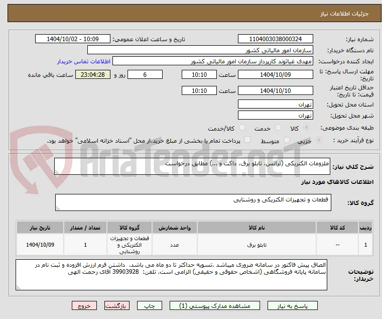 ملزومات الکتریکی (ترانس، تابلو برق، داکت و ...) مطابق درخواست