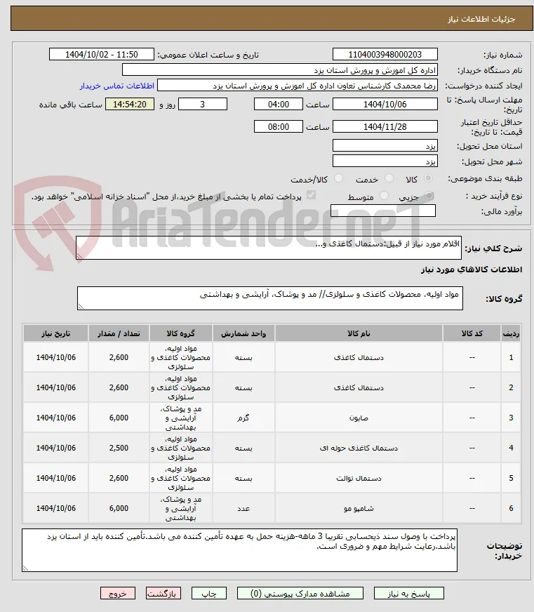 اقلام مورد نیاز از قبیل:دستمال کاغذی و...