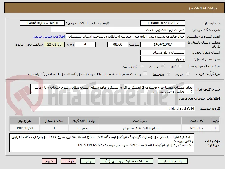 انجام عملیات بهسازی و نوسازی گراندینگ مراکز و ایستگاه های سطح استان مطابق شرح خدمات و با رعایت نکات اجرایی و فنی پیوست