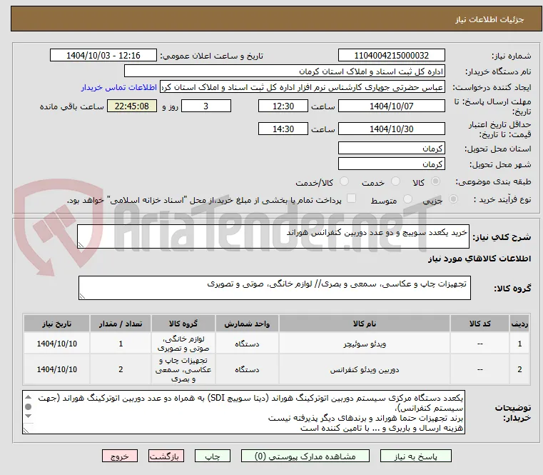 خرید یکعدد سوییچ و دو عدد دوربین کنفرانس هوراند 