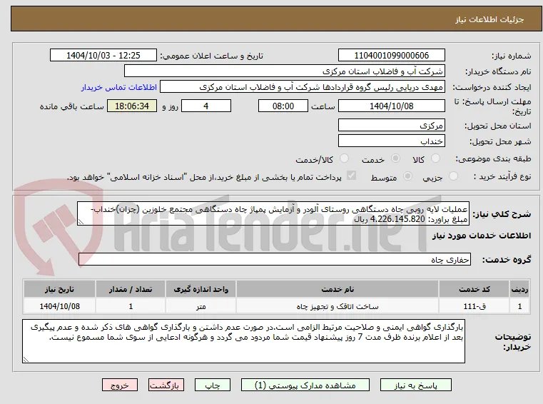 عملیات لایه روبی چاه دستگاهی روستای آلودر و آزمایش پمپاژ چاه دستگاهی مجتمع خلوزین (چزان)خنداب- مبلغ براورد: 4.226.145.820 ریال