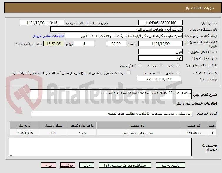 پیاده و نصب 25 حلقه چاه در محدوده آبفا مهرشهر و ماهدشت