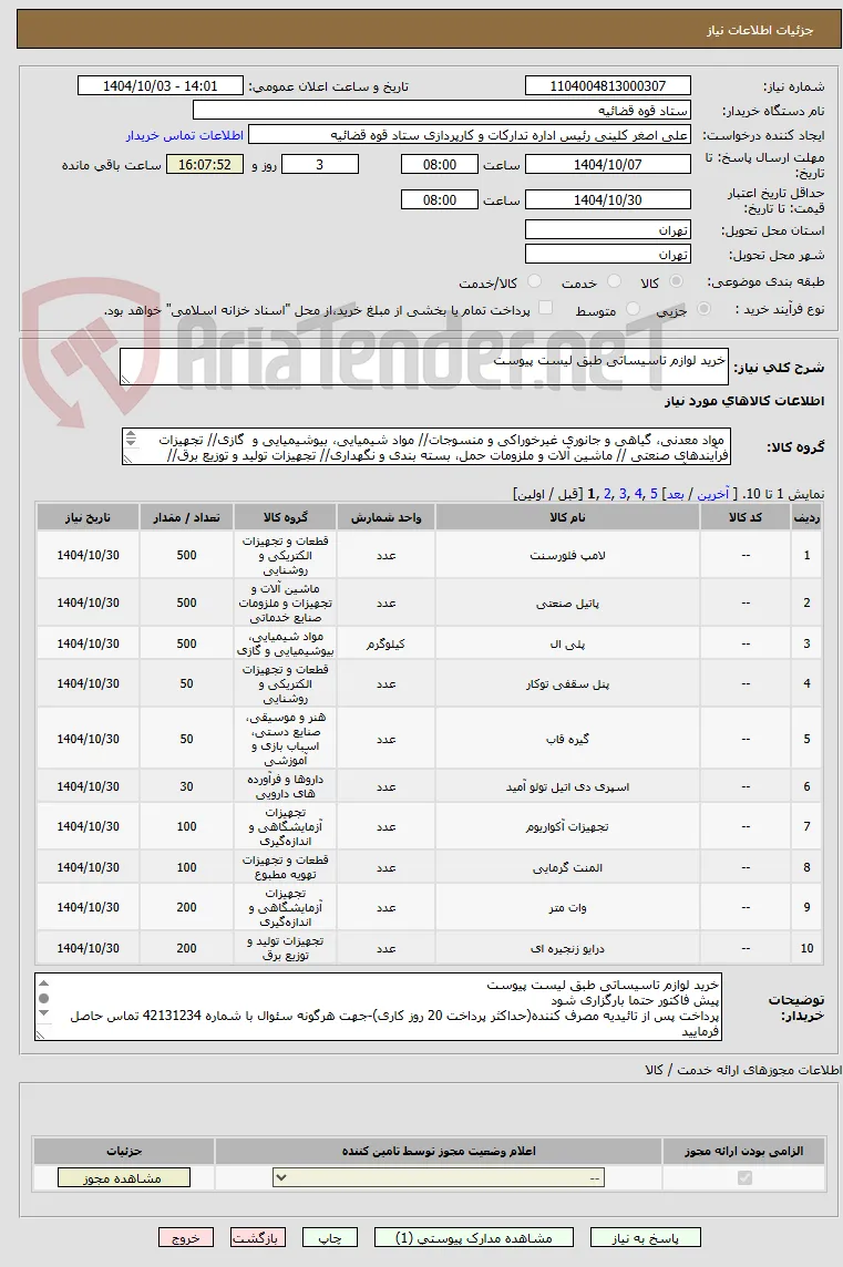 خرید لوازم تاسیساتی طبق لیست پیوست