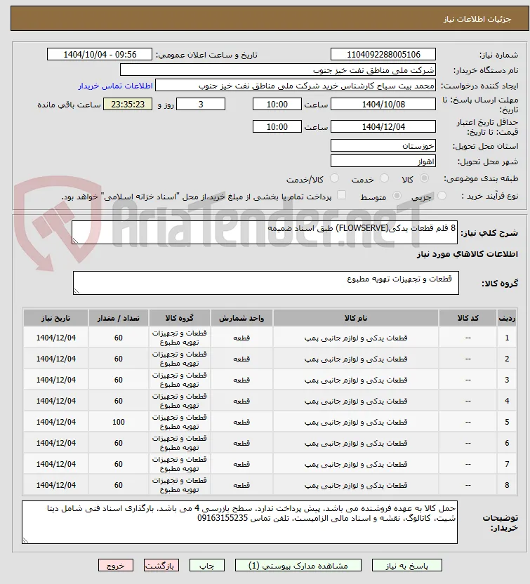 8 قلم قطعات یدکی(FLOWSERVE) طبق اسناد ضمیمه