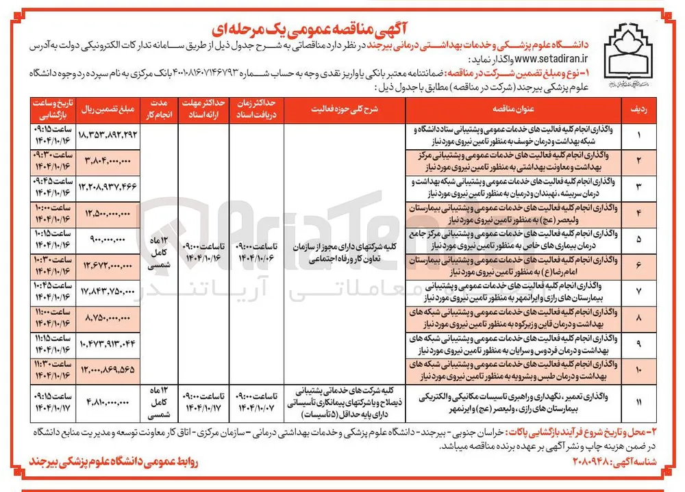 واگذاری انجام کلیه فعالیت های خدمات عمومی و پشتیبانی