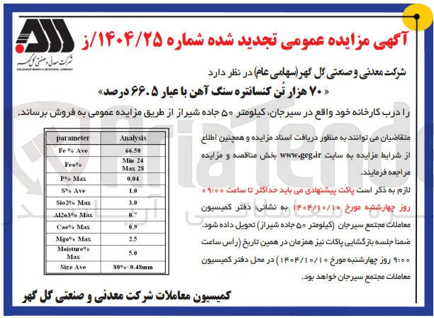 ۷۰ هزار تن کنسانتره سنگ آهن با عیار ۶۶۰۵ درصد 
