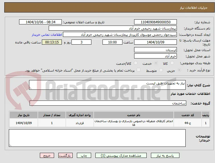نیاز به تجهیزات طبق لیست 
