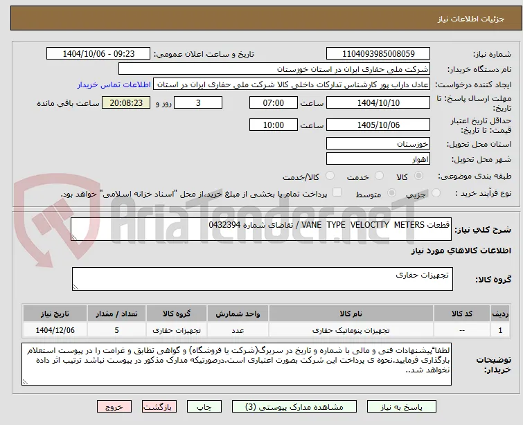 قطعات VANE  TYPE  VELOCTTY  METERS / تقاضای شماره 0432394