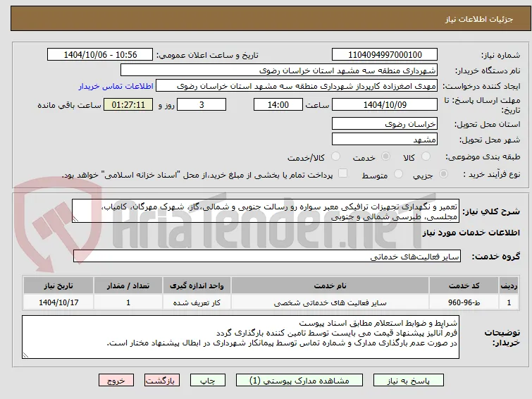 تعمیر و نگهداری تجهیزات ترافیکی معبر سواره رو رسالت جنوبی و شمالی،گاز، شهرک مهرگان، کامیاب، مجلسی، طبرسی شمالی و جنوبی