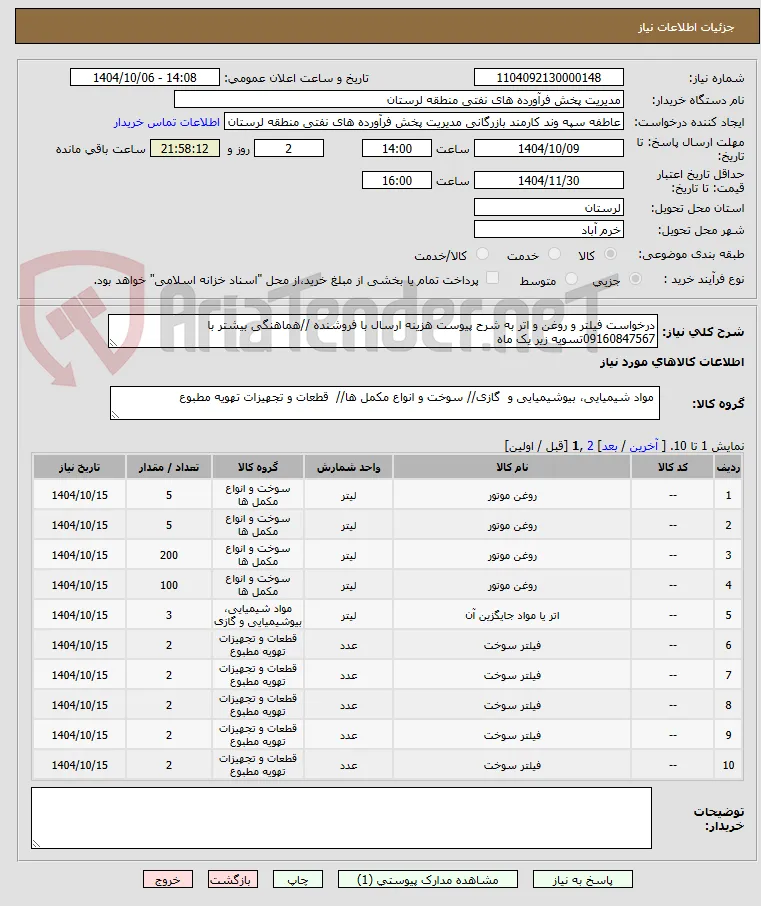 درخواست فیلتر و روغن و اتر به شرح پیوست هزینه ارسال با فروشنده //هماهنگی بیشتر با 09160847567تسویه زیر یک ماه