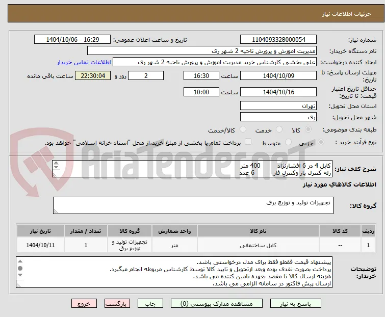 کابل 4 در 6 افشارنژاد         400 متر
رله کنترل بار وکنترل فاز          6 عدد
کنتاکتور اشنایدر60آمپر           6 عدد