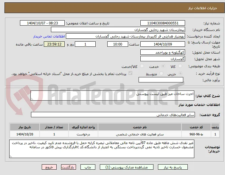 اجرت ساخات میز طبق لیست پیوستی