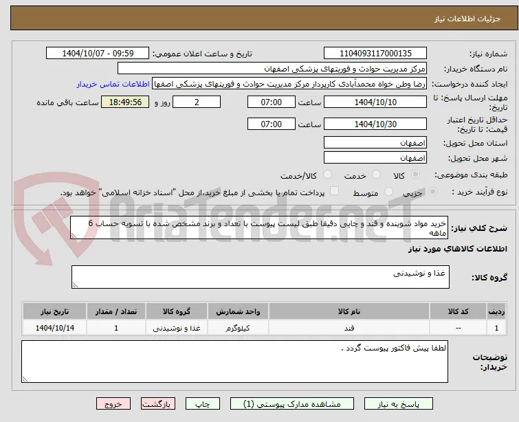 خرید مواد شوینده و قند و چایی دقیقا طبق لیست پیوست با تعداد و برند مشخص شده با تسویه حساب 6 ماهه