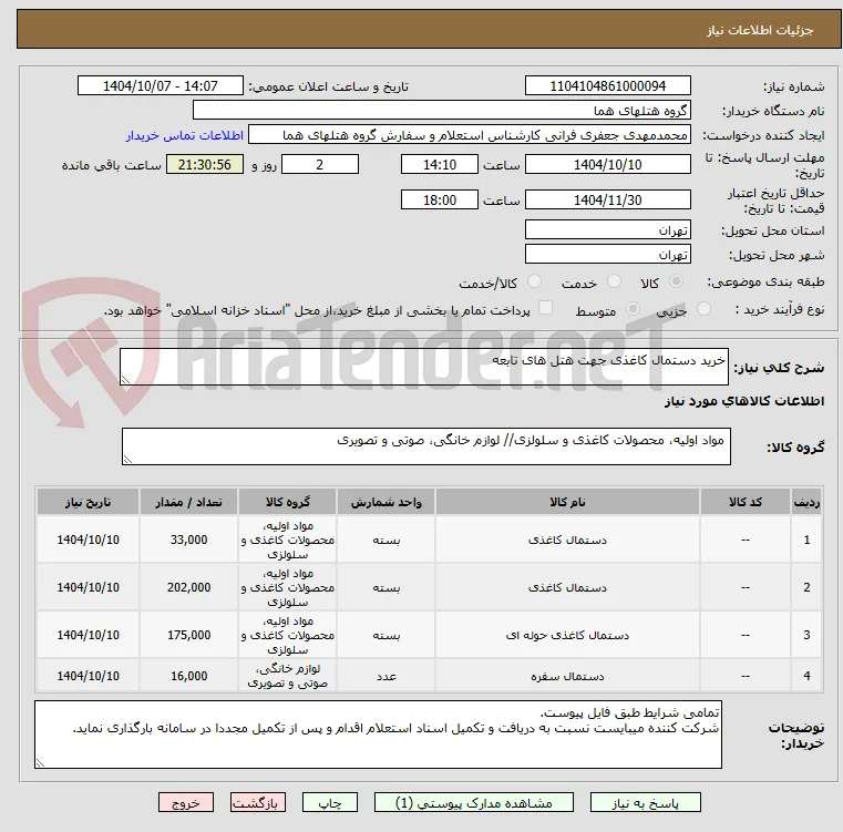 خرید دستمال کاغذی جهت هتل های تابعه