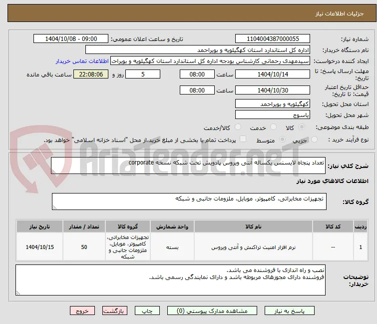 تعداد پنجاه لایسنس یکساله آنتی ویروس پادویش تحت شبکه نسخه corporate 