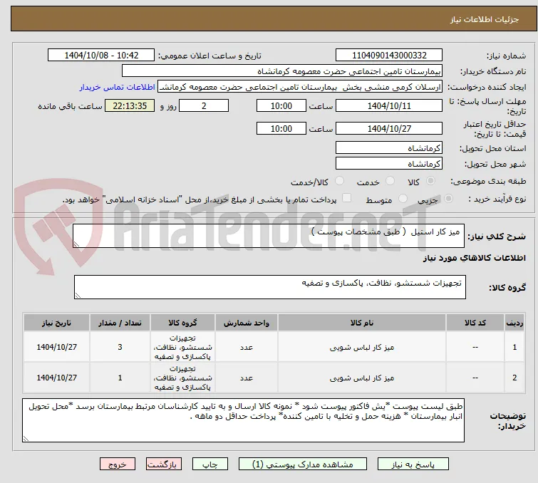  میز کار استیل  ( طبق مشخصات پیوست )